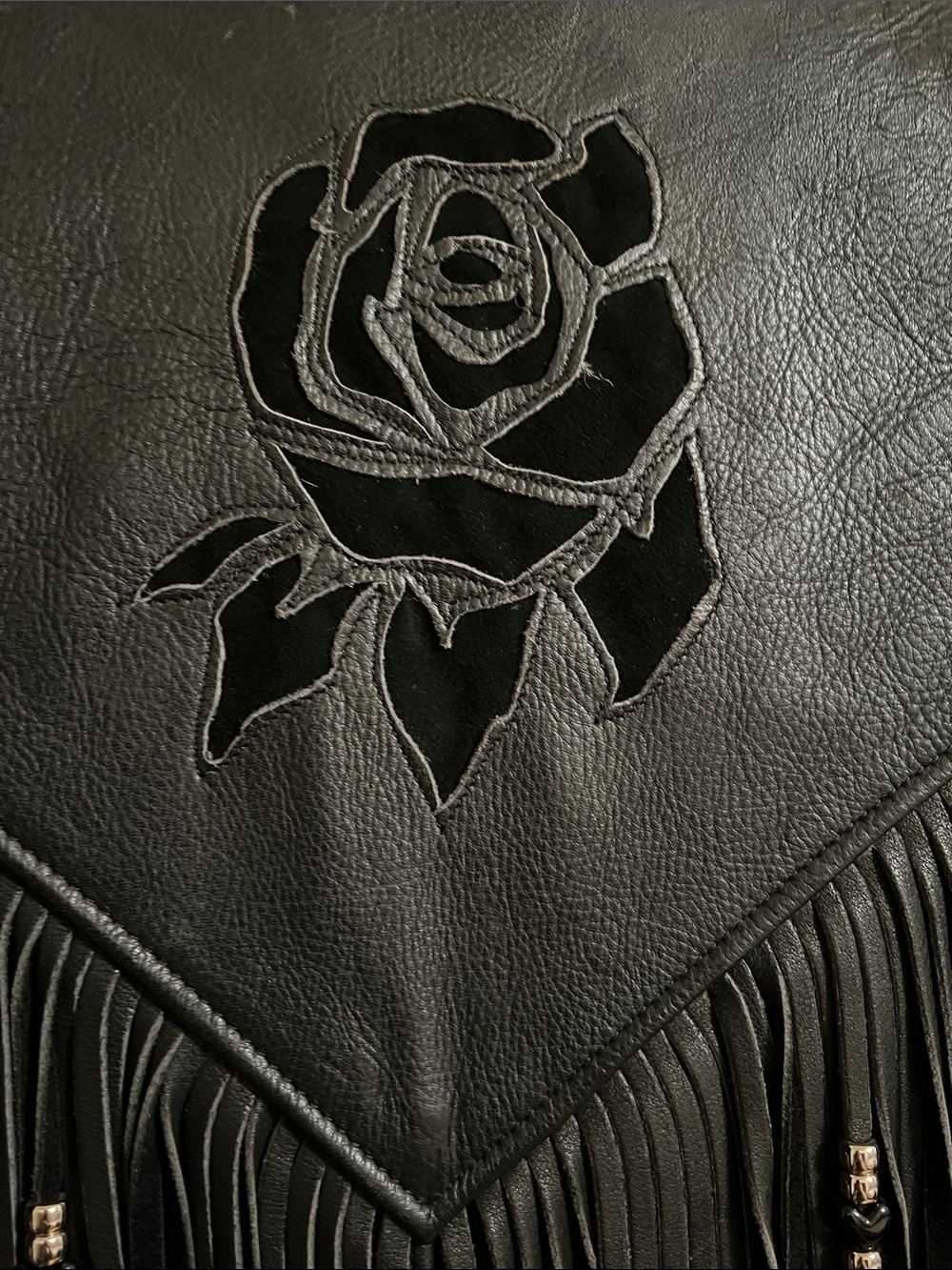 Vintage Black Fringe Rose Embroidered Leather Vest - Picture 4 of 5